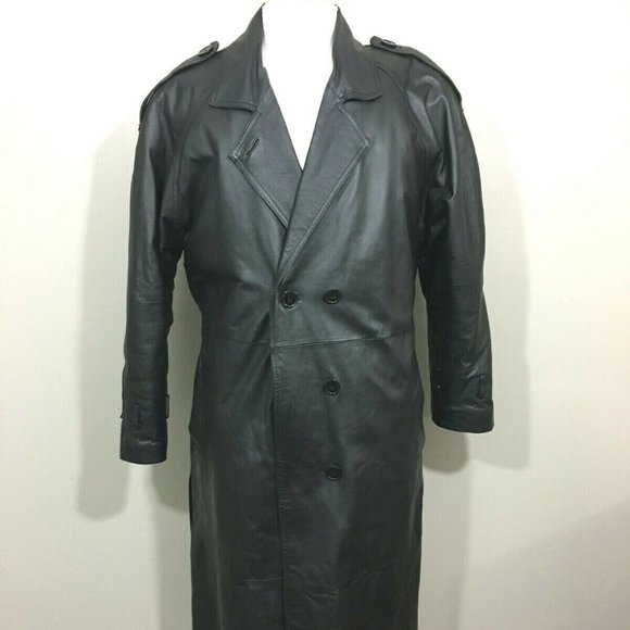 Phase Two Mens Black Solid Leather Belted Casual Collared Trench Coat Size Large